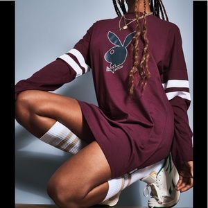 Playboy Vintage Style Graphics Burgundy Oversized Jersey Style T-Shirt Dress